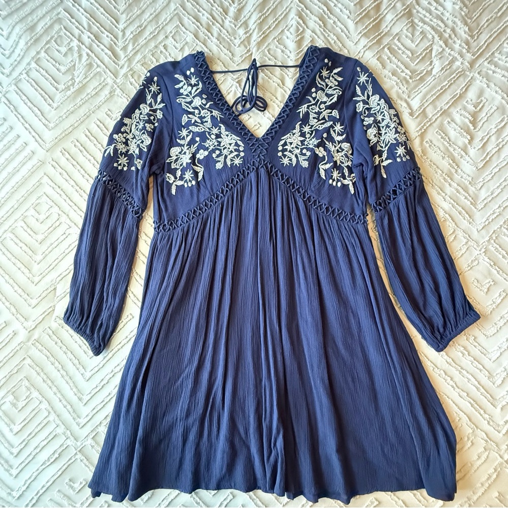 Blue Rain Navy & Silver Boho Mini Long Sleeve Dress | S